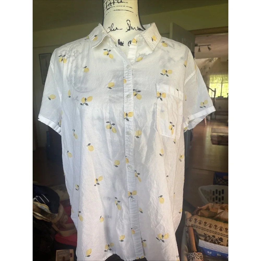 St Johns Bay Short Sleeve Collared Button Up White With Lemons Size XL - Picture 1 of 5